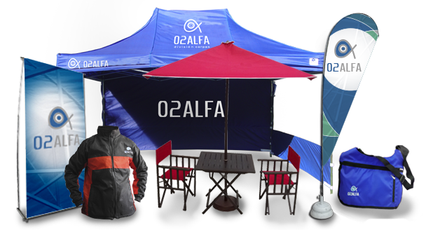 Productos 02Alfa, carpas plegables, sillón director, mesas plegables, flybanners, banners, bolsos, camperas